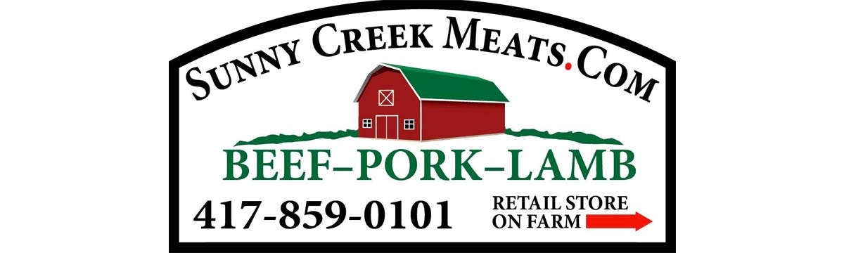 header portion of website features logo of Sunny Creek Meats. Beef - Pork - Lamb plus phone: 417-859-0101